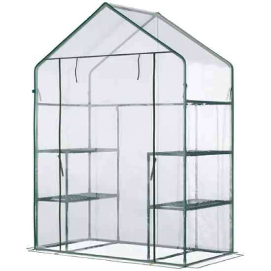 Outsunny 56" x 29" x 77" Mini Greenhouse, Walk-in Greenhouse, Garden Hot House with 4 Shelves, Roll-Up Door and Weatherized Cover, Deep Green image {3}