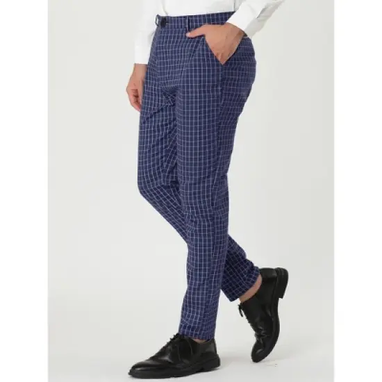 Lars Amadeus Men's Business Checked Printed Slim Fit Flat Front Plaid Dress Trousers image {1}