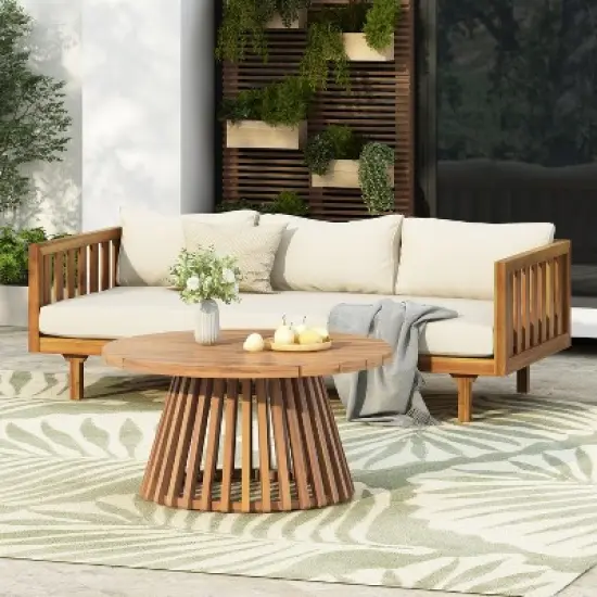FIONECA Claremont 3-Seater Patio Daybed with Beige Cushions and Acacia Wood Coffee Table, Outdoor Furniture Set image {1}