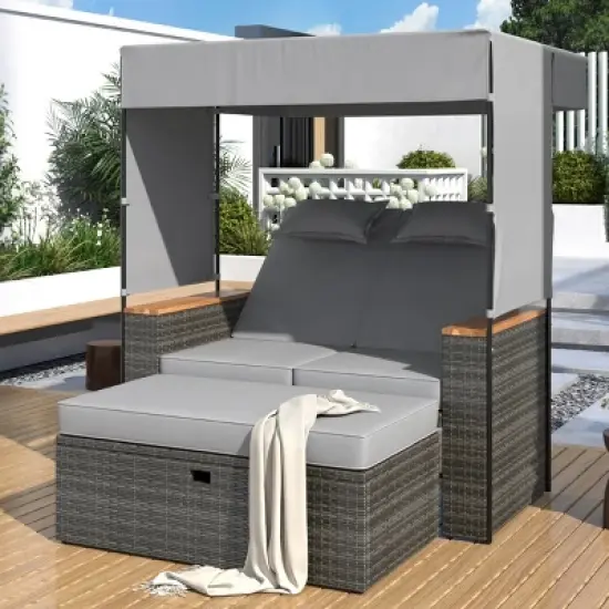 Outdoor Patio Rattan Daybed, 2 Pcs Daybed with Adjustable Backrests and Roof, Loveseat Bench Lounge with Cushions and Pillows-Coolbibila image {8}