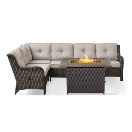 POCASSY Outdoor Sectional Sofa with Fire Pit Table - All Weather Brown Wicker Patio Furniture Set L Shaped Sectional Sofa with Fire Pit Table image {2}