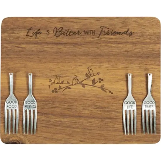 Pavilion Gift Company - Life Is Better With Friends - Birds 7 x 9 Inch Cutting Cheese Board, Set Of 4 Forks With Debossed Text image {9}