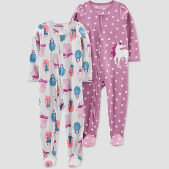 Carter's Just One You&reg;️ Toddler Girls' 2pk Penguins and Polka Dot Unicorn Fleece Footed Pajama - Gray/Purple image {3}