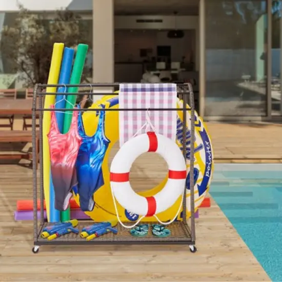 Outdoor Pool Towel Rack with Rattan Base, Freestanding Clothing Rack with Lockable Swivel Wheels, Storage Organizer for Floats, Pool, Swimming image {3}