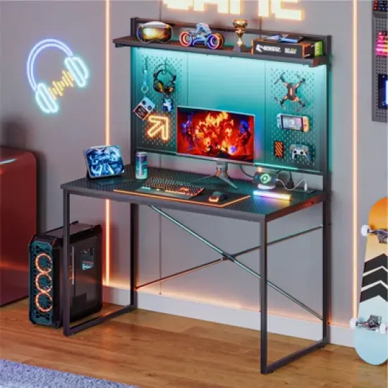 Bestier Gaming Desk with Power Outlets & LED Light, 39.3'' Computer Desk Office Table with Storage Shelves Pegboard image {5}