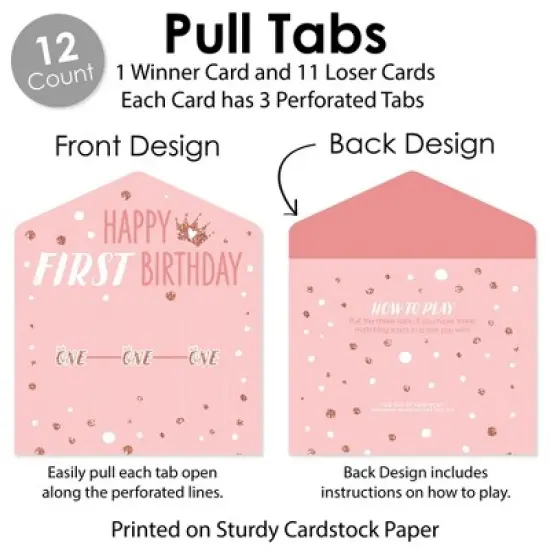 Big Dot of Happiness 1st Birthday Little Miss Onederful - Girl First Birthday Party Game Pickle Cards - Pull Tabs 3-in-a-Row - Set of 12 image {3}