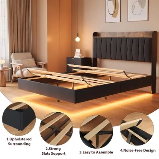 Floating Bed Frame King with LED Lights & USB Charging Station Upholstered Platform Bed with Headboard, Solid Wood Slats Support, No Box Spring image {2}
