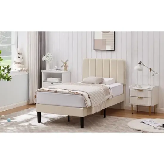 VECELO Velvet Upholstered Platform Bed Frame with Adjustable Headboard, Sturdy Wood Slat Support, No Box Spring Required image {13}