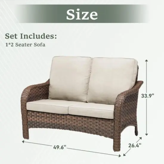 Buenhomino Patio Wicker Sofa Brown Rattan Loveseat Outdoor Couch with Cured Armest & Water Resistant Cushions Sofa for Balcony Backyard Poolside image {2}