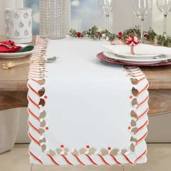 Saro Lifestyle Candy Cane Stripe Border Christmas Holiday Table Runner image {2}