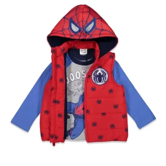 Marvel Avengers Spider-Man Baby Zip Up Vest Puffer T-Shirt and Jogger Pants 3 Piece Outfit Set Infant to Big Kid image {5}