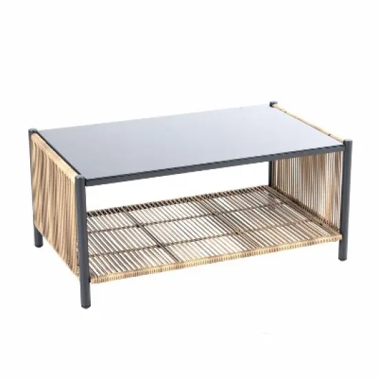 FIONECA 2-Seat Outdoor Brown PE Wicker Sofa with Grey Cushions and Coffee Table, All-Weather Rattan Patio Furniture Set for Garden & Porch image {3}