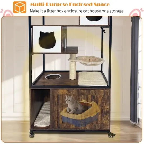 Litter Box Cabinet, Cat Tree with Litter Box Enclosure, Wooden Metal Frame Hidden Cat Washroom on Wheels with Hammock, Scratching Mat & Post image {4}