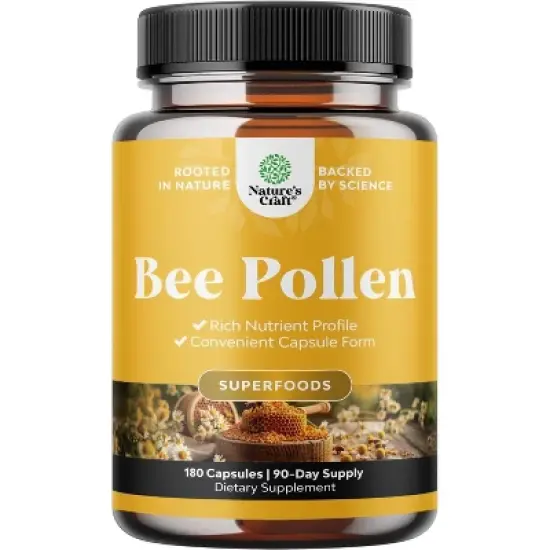 Bee Pollen Supplement 1000mg, Pure Bee Pollen Capsules, Immune System & Allergy Support, Natural B-Vitamins Minerals & Enzymes, Nature's Craft, 180ct image {7}