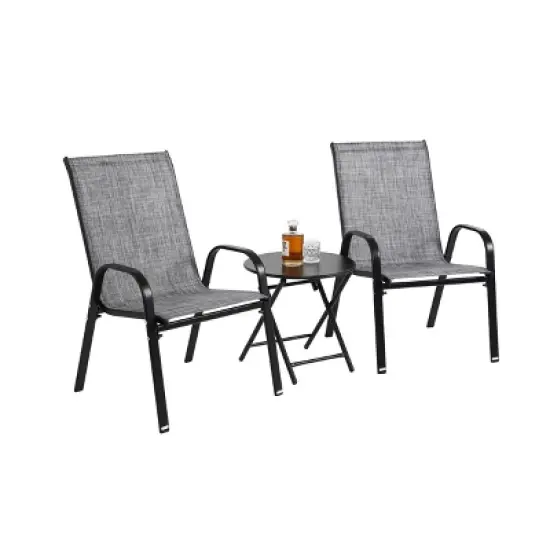 FIONECA 3-Piece Outdoor Patio Set with Folding Chairs and Steel-Top Table, Grey Breathable Textilene Fabric Camping Chairs image {3}