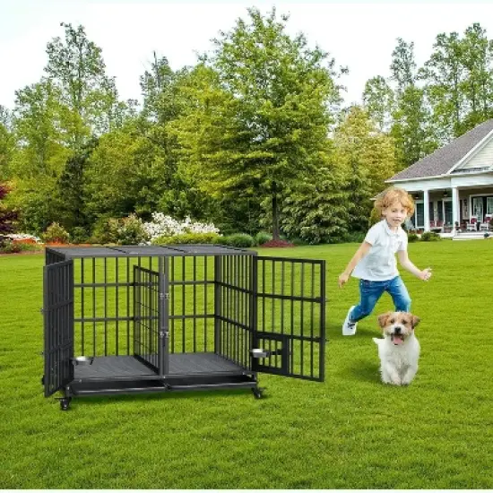 Heavy Duty Dog Crate - Steel Escape-Proof Kennel with Divider & Wheels, Double Door Pet Cage for Large/Medium Dogs image {7}