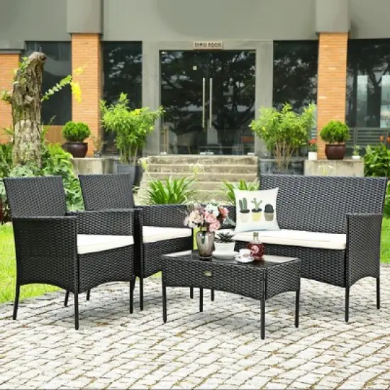 Costway 4PCS Patio Rattan Furniture Set Cushioned Sofa Coffee Table Backyard Porch White image {6}