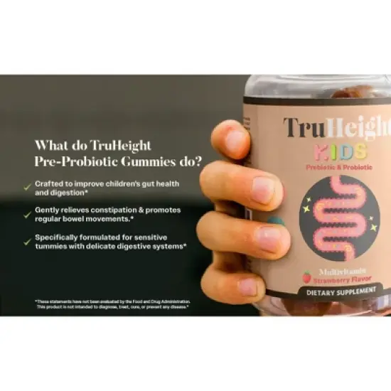 TruHeight Kids Prebiotic & Probiotic Gummies Ages 2+ (Strawberry Flavor) Toddler & Kids Natural Supplement for Digestive, Gut & Constipation Relief image {8}
