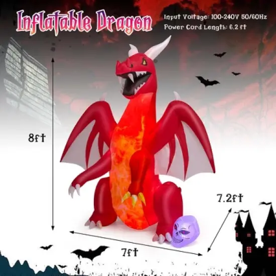 Costway 8 FT Halloween Inflatable Red Dragon with Wings & Skull Holiday Decoration Light image {2}