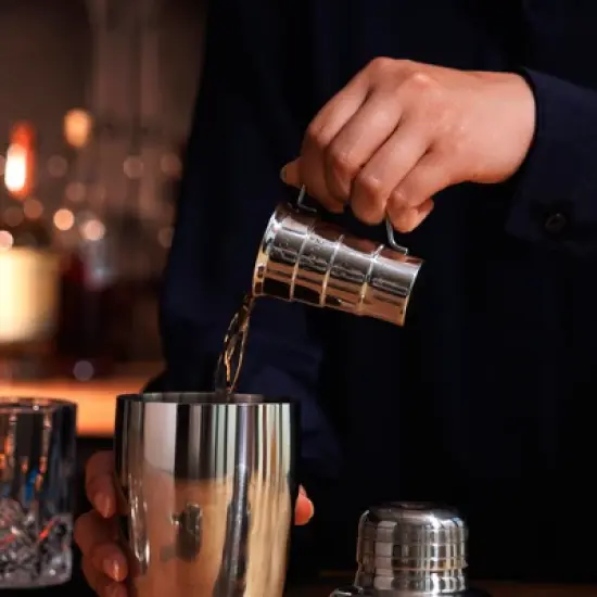 Viski Stepped Jigger With Handle, 4 Measurement Markings, Measuring Cup for Cocktail Recipes, 0.5 oz, 1 oz, 1.5 oz, & 2 oz, Stainless Steel, Silver image {4}