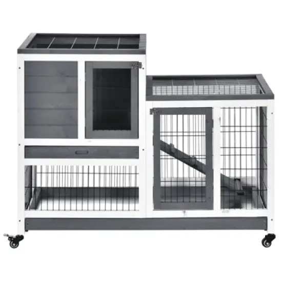 PawHut Wooden Rabbit Hutch Elevated Bunny Cage Indoor Small Animal Habitat with Enclosed Run with Wheels, Ramp, Removable Tray for Guinea Pigs image {6}