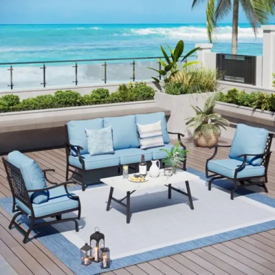 Captiva Designs 4pc Patio Outdoor Conversation Set with Rocking Grid-back Chairs for Garden, Poolside, Backyard image {12}
