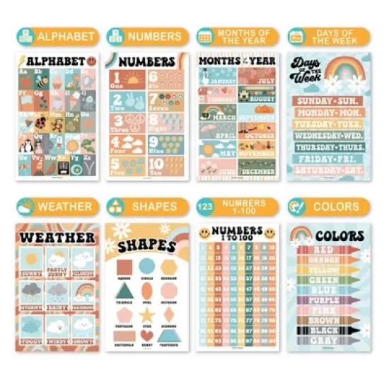 Hadley Designs Retro Boho Laminated Educational Posters for Toddlers (Set of 16) - Classroom Posters image {2}