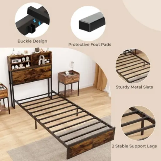 Costway Twin/Full/Queen/King Bed Frame with Charging Station Storage Headboard Under-bed Storage Space image {5}