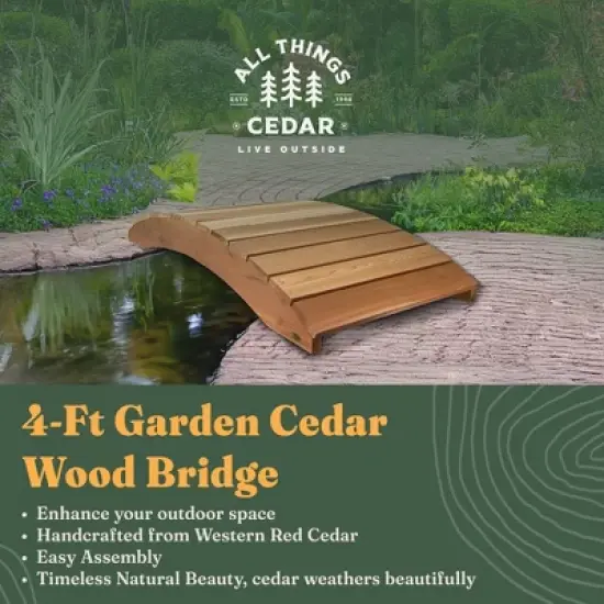 All Things Cedar Wooden Bridge, Outdoor Garden Handcrafted Stylish Walkway for Backyards, Streams, or Ponds, 4 Feet, Natural Finish image {1}
