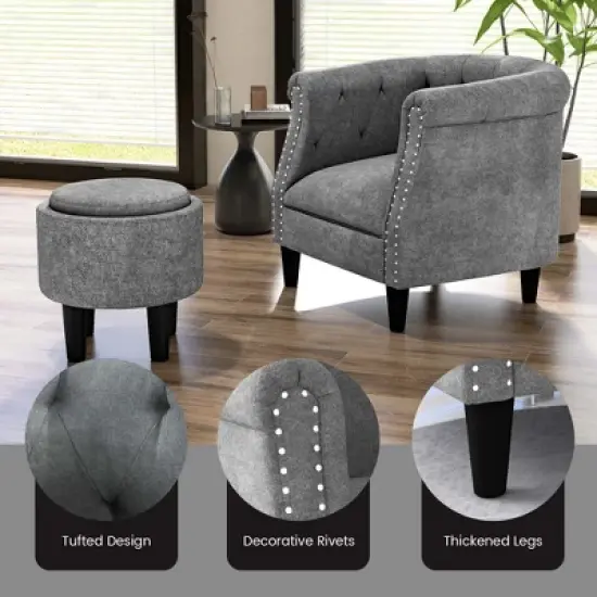 Costway Modern Accent Chair with Ottoman Armchair Barrel Sofa Chair with Footrest Grey image {9}