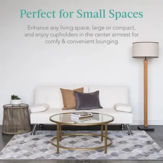 Best Choice Products Modern Faux Leather Convertible Futon Sofa w/ Removable Armrests, Metal Legs, 2 Cupholders - White image {5}