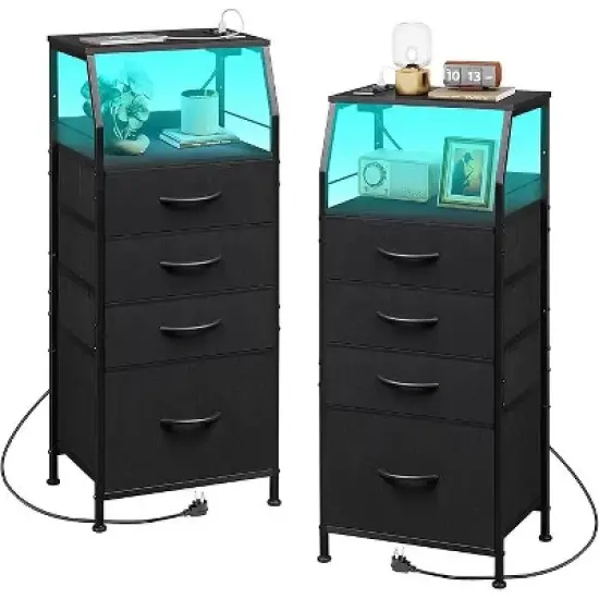 GALAXHERO Night Stand Set of 2 with Charging Station Nightstand with LED Light and 4 Storage Drawers Bedside Tables Wood Shelf Metal Frame 31.9" Tall image {1}