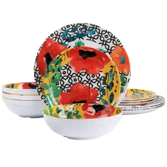 12pc Grace Melamine Dinnerware Set - Elama: Floral Botanical Dishes, Off-White, Service for 4, Dishwasher-Safe image {8}