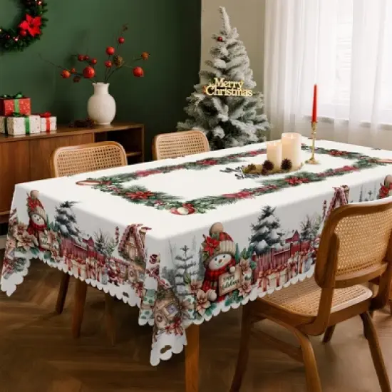 LOVEVOOK 60x86 Inch Rectangle Christmas Tablecloth, Winter Snowman Trees Red Washable Table Cover for Party Picnic Dinner Holiday Decor image {6}