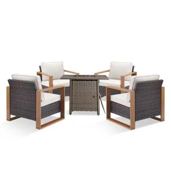 Buenhomino Outdoor Wicker Patio Furniture Set with Fire Pit Table, 5 Pieces Patio Conversation Sets with 4 Outdoor Patio Chairs and 1 Fire Pit Table image {1}