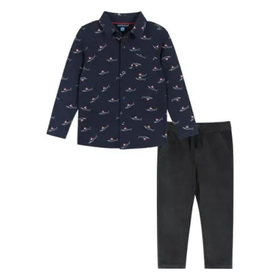 Andy & Evan  Toddler  Boys Navy Holiday Sharks Knit Pique Buttondown image {5}