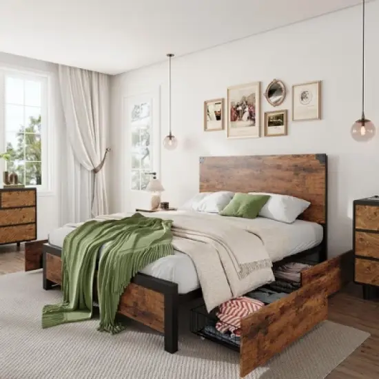 Bed Frame with 4 Storage Drawers, Metal Platform Bed with Wooden Headboard, Noise Free, No Box Spring Needed, Easy Assembly, Vintage Brown image {6}