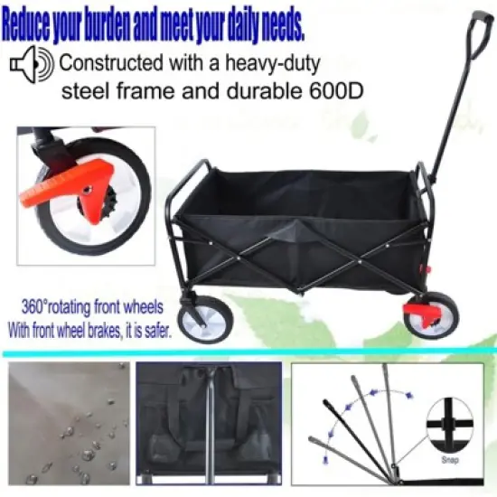 RISOKEYS Collapsible Outdoor Utility Wagon Cart,with Adjustable Handle,Foldable Design & 600D polyester Fabric for Beach, Garden,Shopping image {3}