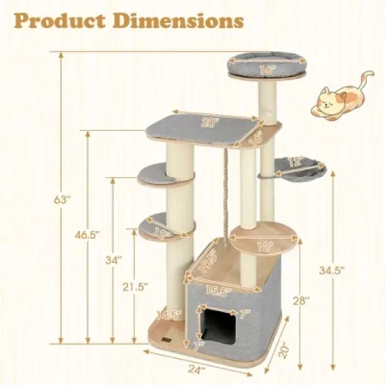 Tangkula 63" Tall Modern Cat Tree w/ Perch Condo Hammock 5.6" Scratching Posts image {8}