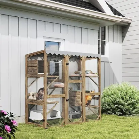 PawHut Catio Outdoor Cat Enclosure, Wooden Cat House with Window Access, 5 Platforms and 2 Resting Boxes, Waterproof Roof for Multiple Cats, Brown image {1}