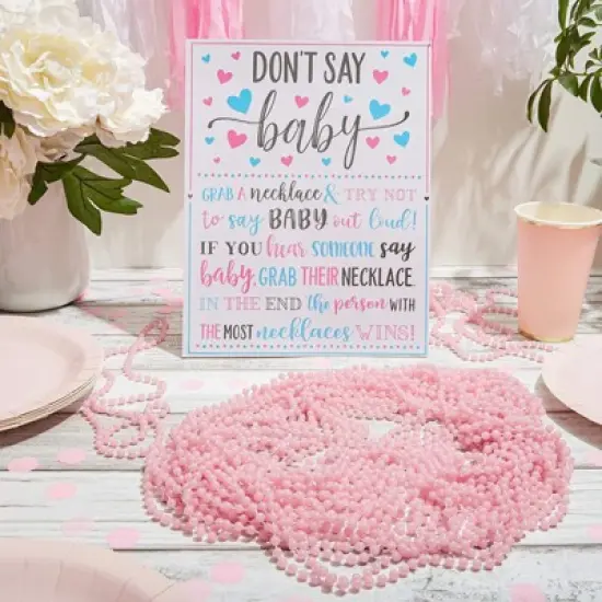 Sparkle and Bash Don't Say Baby Easel Sign, Baby Shower Games for Gender Reveal Favors, Decorations, 1 Sign and 36 Pink Beaded Necklaces image {1}