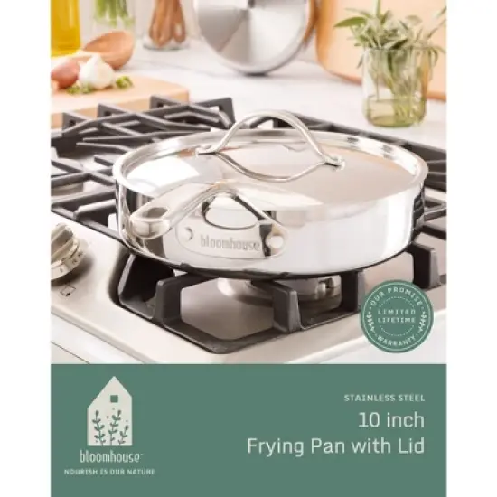 Bloomhouse 10 Inch Triply Stainless Steel Fry Pan W/ Lid W/ Non-Stick Non-Toxic Pro Ceramic Interior Frying Pan image {9}