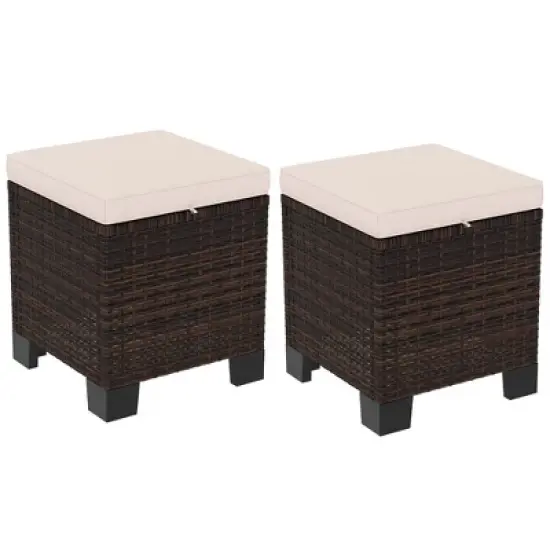 Outsunny 2 Pieces Wicker Outdoor Ottomans with Cushions, 3-in-1 PE Rattan Ottoman Seat, Footrest and Side Table for Backyard, Poolside image {7}