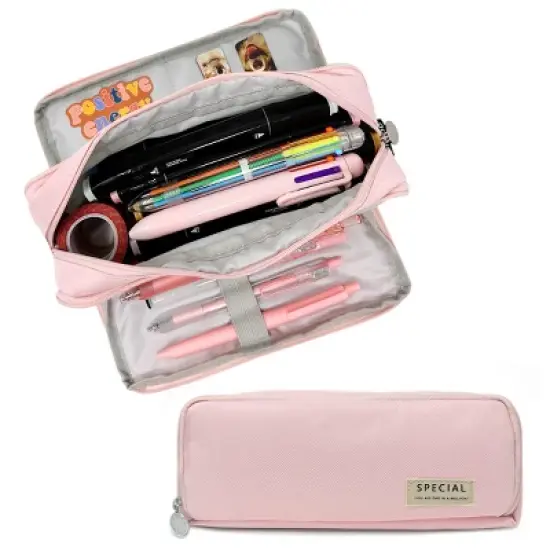 Wrapables Large Capacity Pencil Case, 3 Compartment Pencil Pouch for Stationery Pens, Pink image {6}