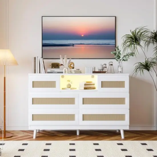 GARVEE 6 Drawer Rattan Dressers,Wooden Durable Dressers & Chests of Drawers with LED Light and Charging Station, TV Stand for Bedroom image {1}