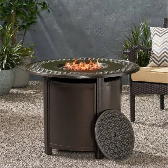 Ontario Outdoor Round Aluminum Fire Pit Hammered Bronze - Christopher Knight Home image {1}