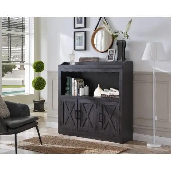 Home Source Bar Cabinet with Stem Glass Placement and Wooden Doors in Charcoal image {5}