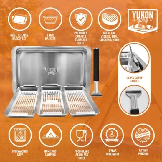 Yukon Glory BBQ 'N Serve Grill Basket Set, Revolutionary Grill to Table Design, Includes 3 Grilling Baskets, Serving Tray and Patented Clip-on Handle image {2}