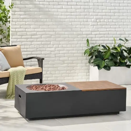 Outdoor 50,000 BTU Lightweight Concrete Rectangular Fire Pit Table with Storage, Dark Gray and Natural Brown (Tank Cover not Included) image {2}