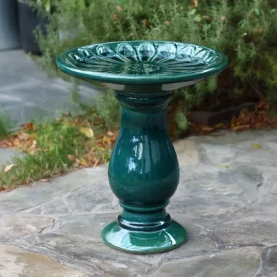 LuxenHome 22" Elegant Tall Ceramic Bird Bath for Outside with Floral Pattern, Dark Green image {1}